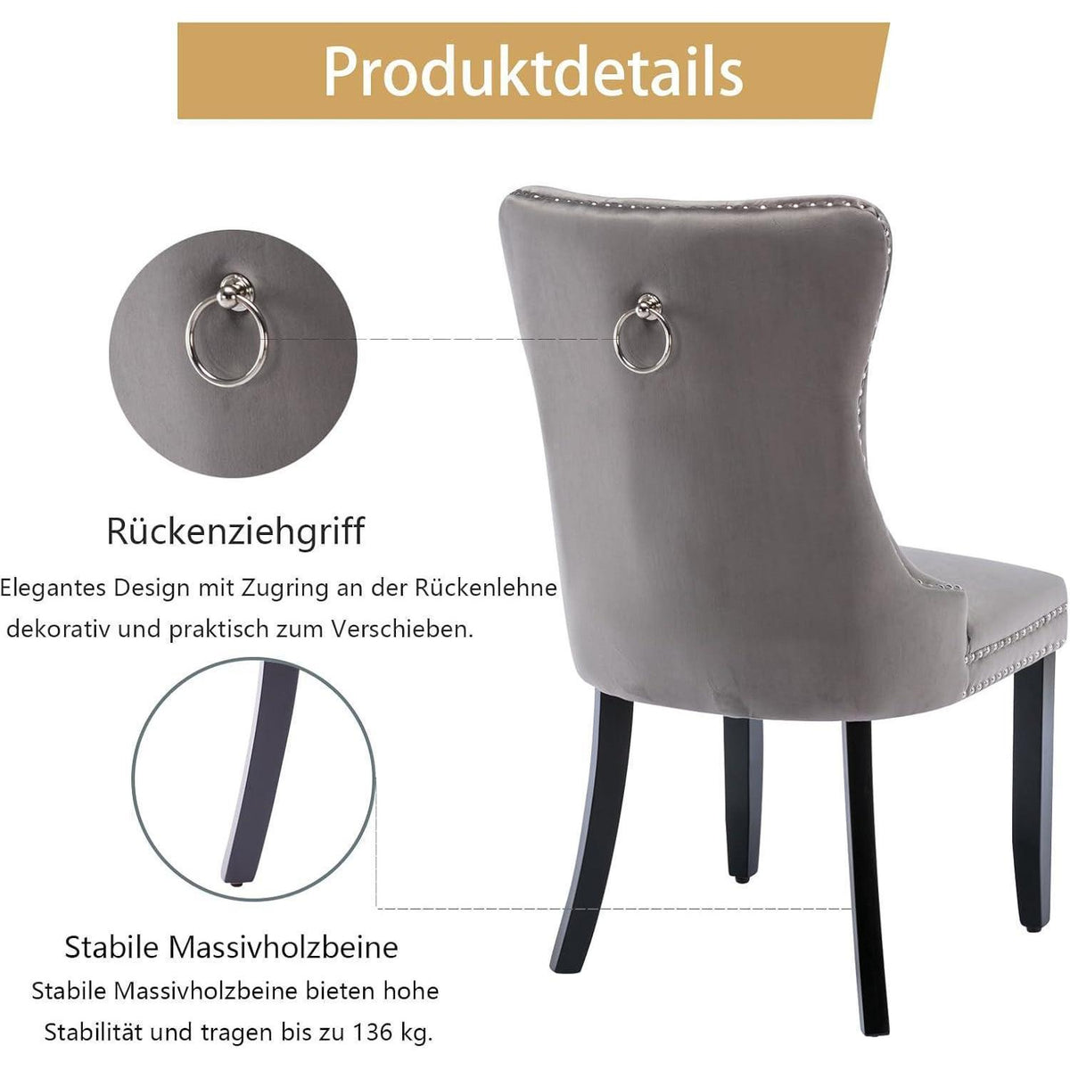 Samt-Esszimmerstühle 4er-Set mit Massivholzbeinen, Grau