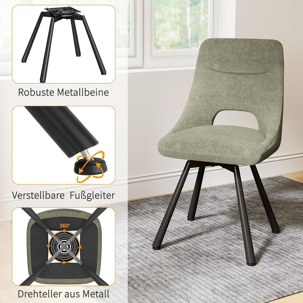 Drehbarer Esszimmerstuhl Set 2x, Modern & Gepolstert, Graugrün