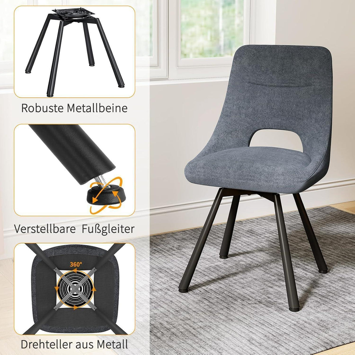 Drehbarer Esszimmerstuhl Set 2x, Modern & Gepolstert, Tiefes Grau