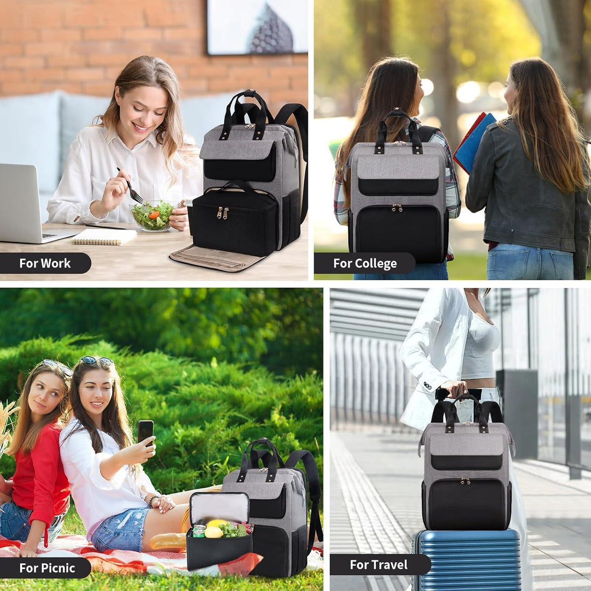 Multifunktions-Laptop-Rucksack mit isolierter Lunchbox, Schwarz/Grau