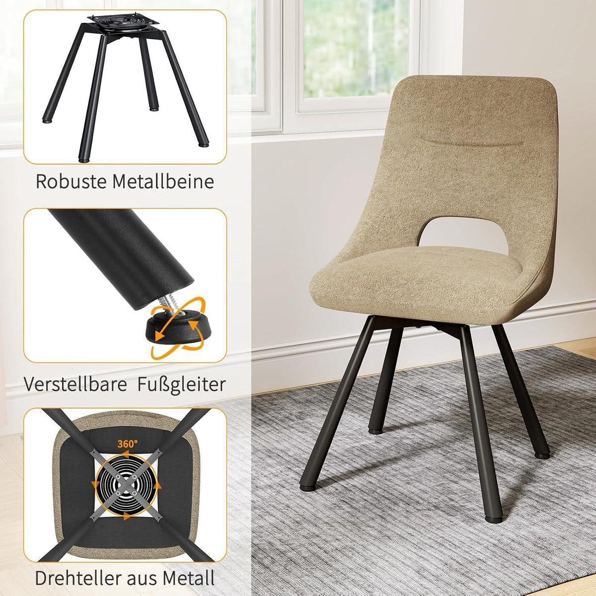 Drehbarer Esszimmerstuhl Set 6, Modern & Gepolstert, Khaki