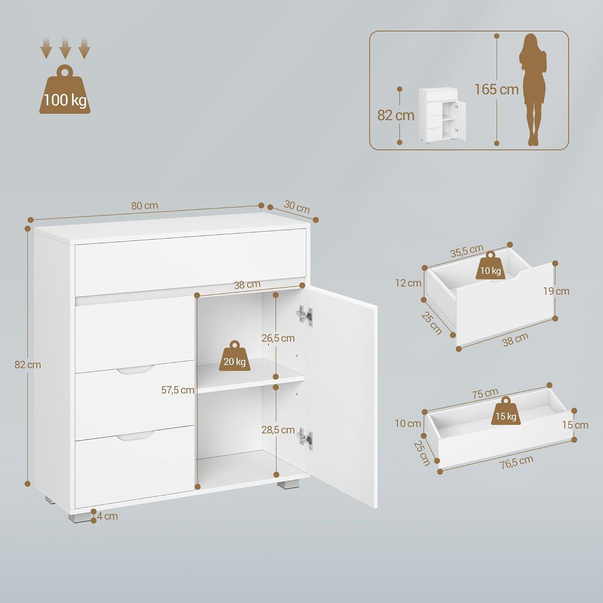Hzuaneri Badezimmerschrank Weiß – Verstellbare Regale & 4 Schubladen