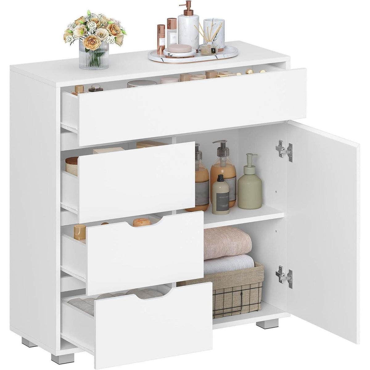 Hzuaneri Badezimmerschrank Weiß – Verstellbare Regale & 4 Schubladen