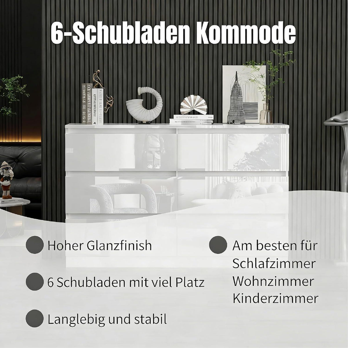 Weiße Kommode mit 6 Schubladen – Hochglanz Schlafzimmerschrank