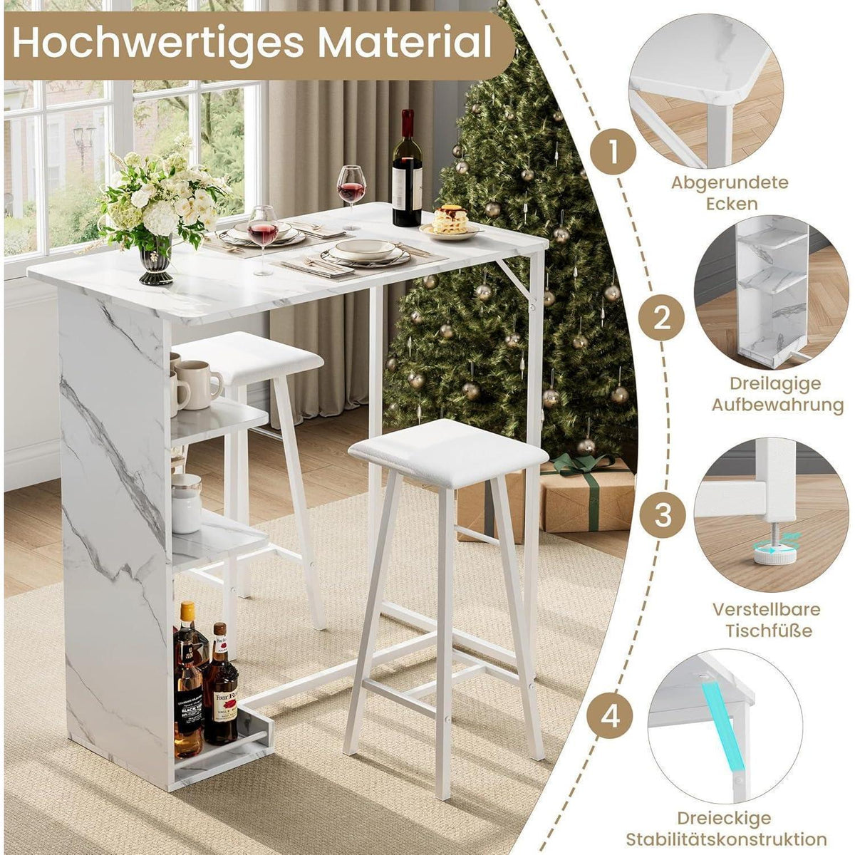 Litake Bartisch Set mit Barhocker – Industrie-Stil Weiß