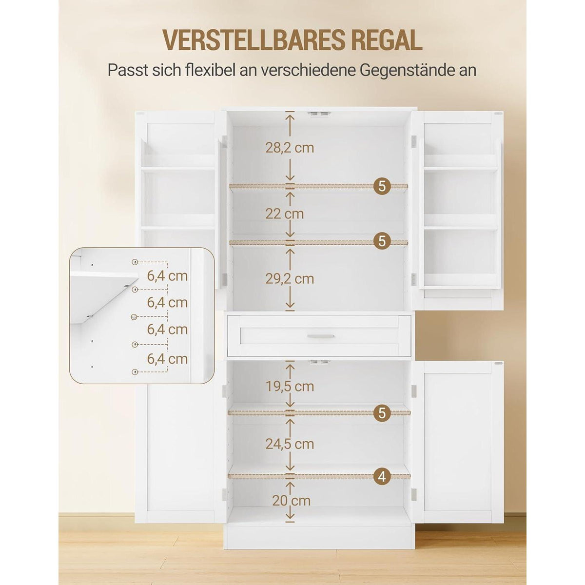 Weißer Buffetschrank mit 4 Türen & flexiblen Regalen