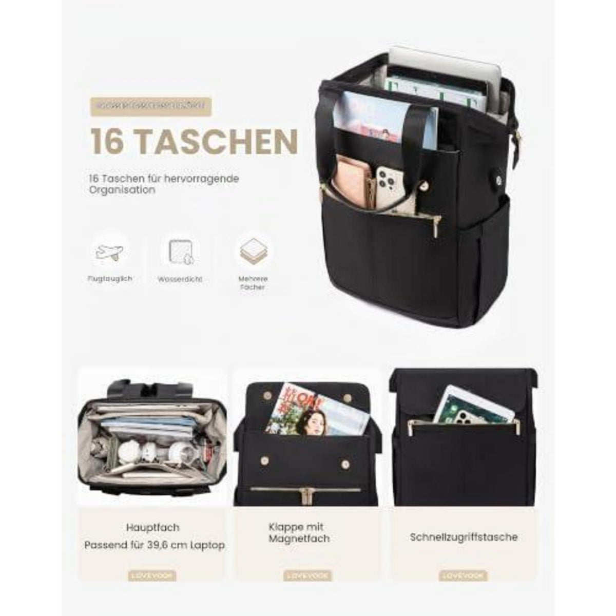 Damen Rucksack 18 Zoll Laptop Schulrucksack Reise Handtasche Schwarz