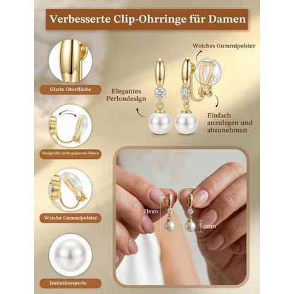 Ohrclips Damen 14K Gold Perlen Zirkonia Ohne Ohrlöcher