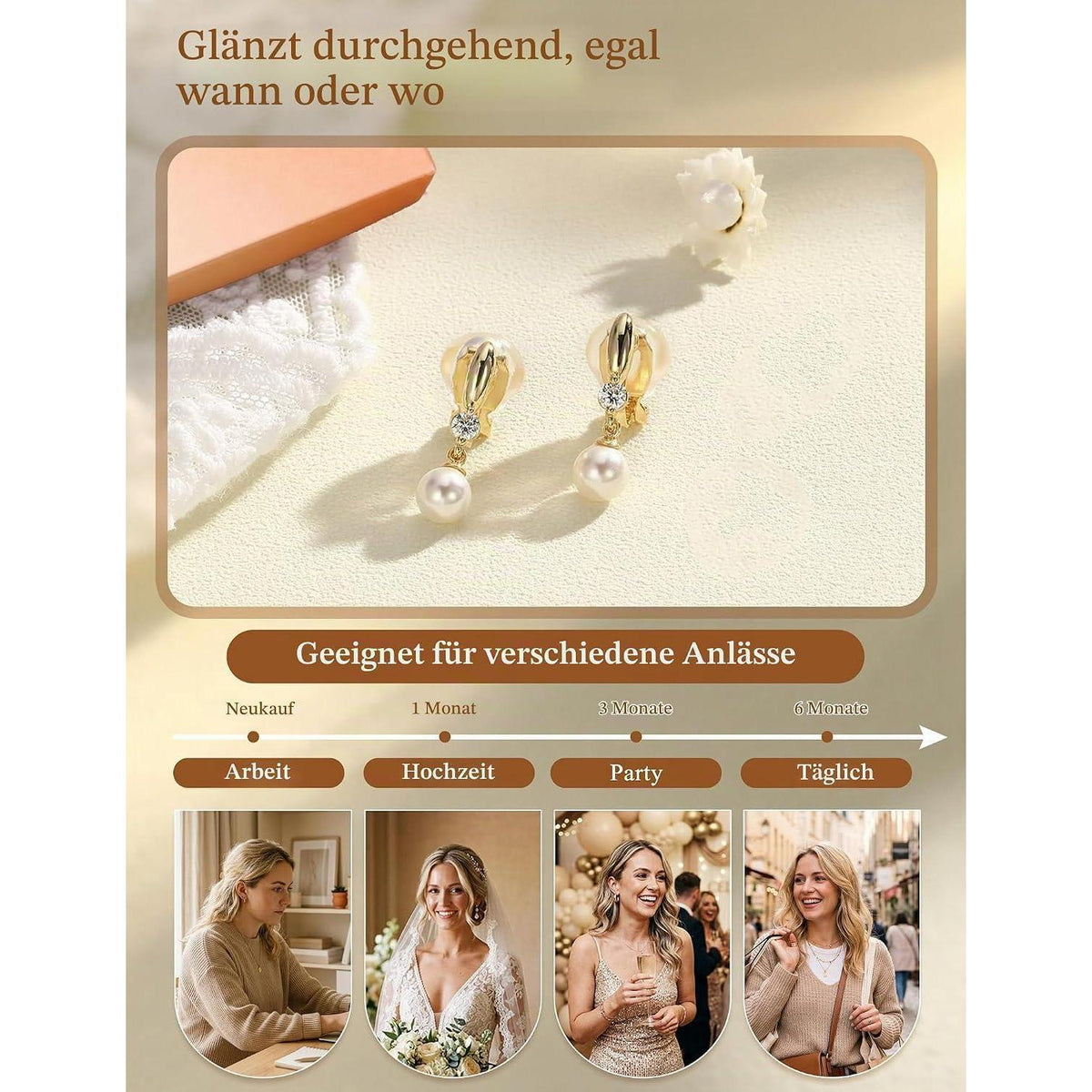 Ohrclips Damen 14K Gold Perlen Zirkonia Ohne Ohrlöcher