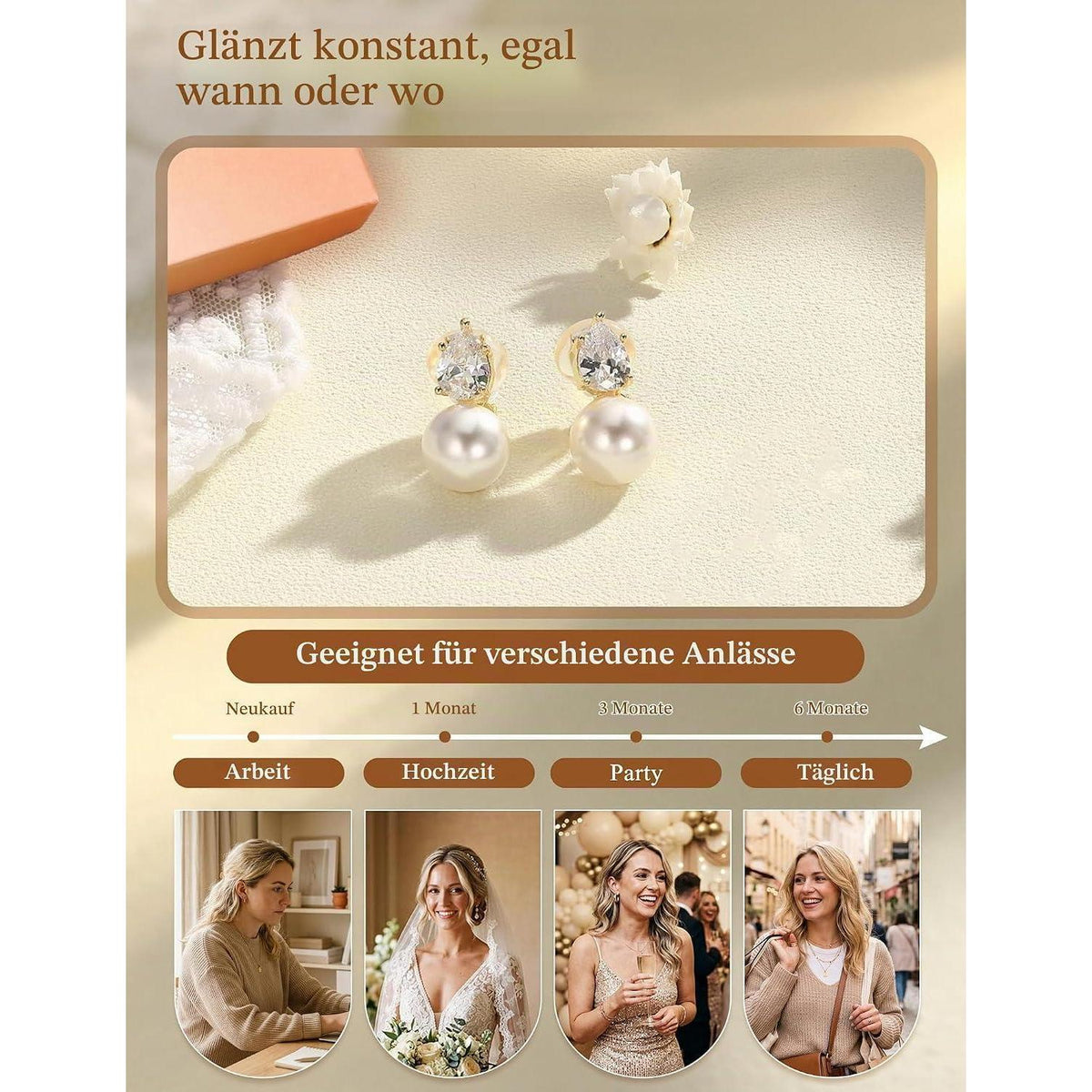 Ohrclips Damen 14K Gold Perlen Zirkonia Clip Ohrringe Ohne Ohrlöcher