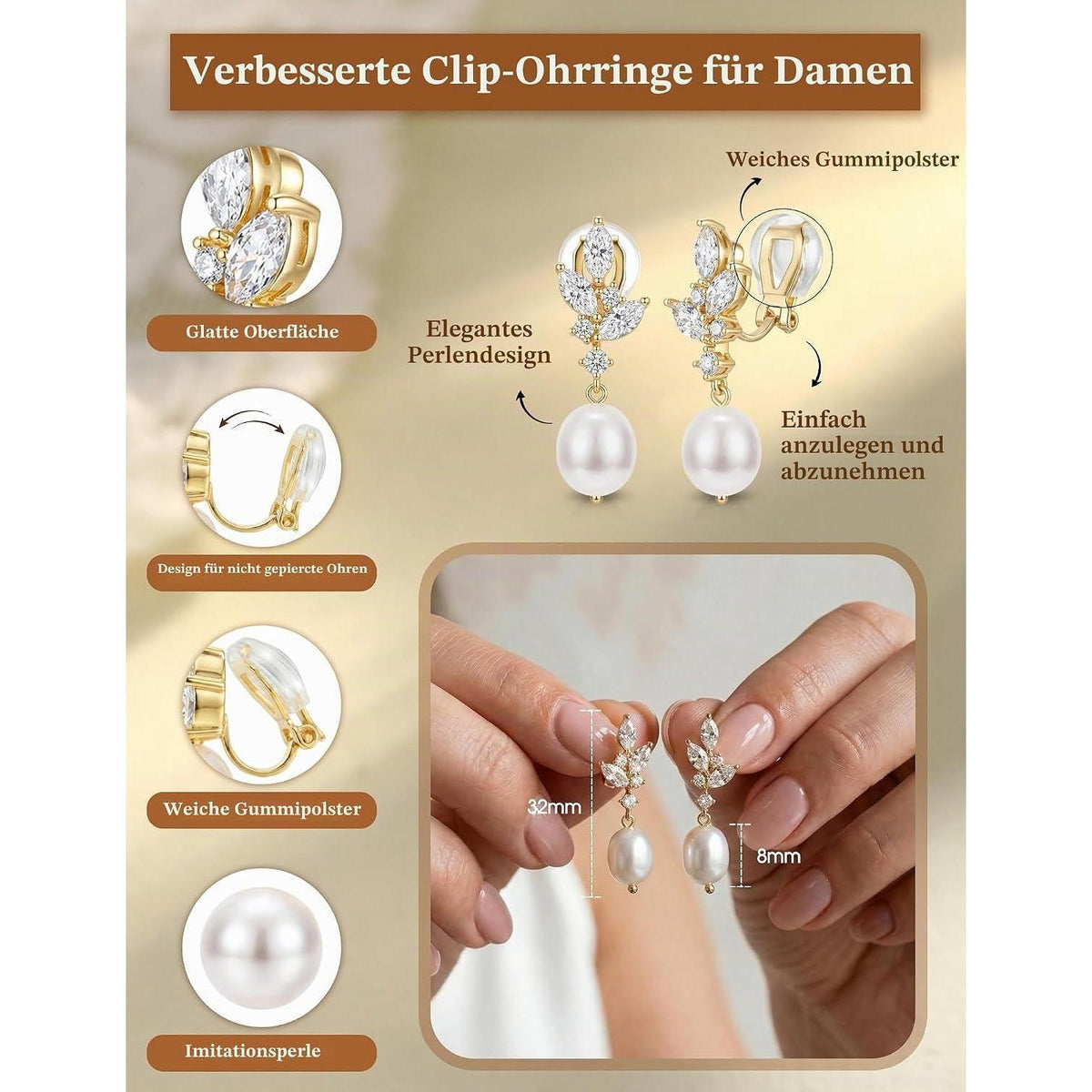 Ohrclips Damen 14K Gold Perlen Zirkonia Ohne Ohrlöcher
