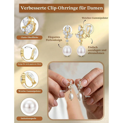 Ohrclips Damen 14K Gold Perlen Zirkonia Ohne Ohrlöcher