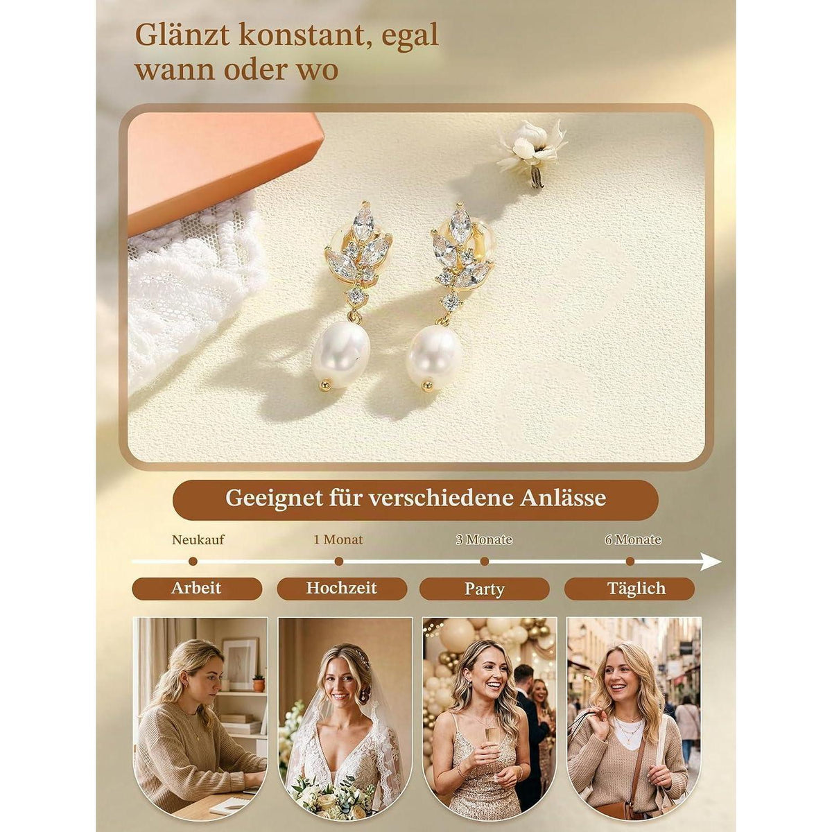 Ohrclips Damen 14K Gold Perlen Zirkonia Ohne Ohrlöcher