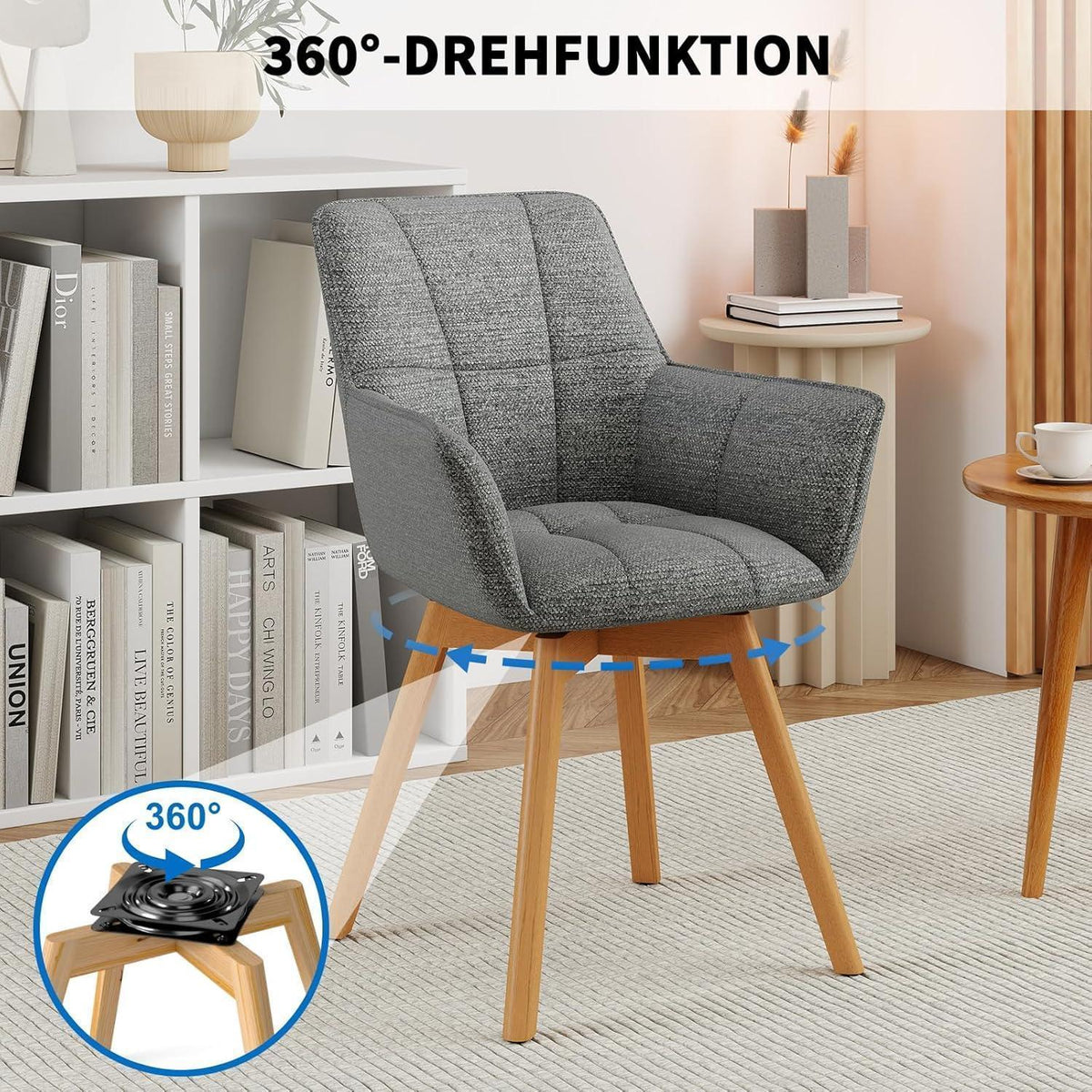 2er Set Drehstühle Samt, Dunkelgrau mit Armlehnen & Holzbeinen
