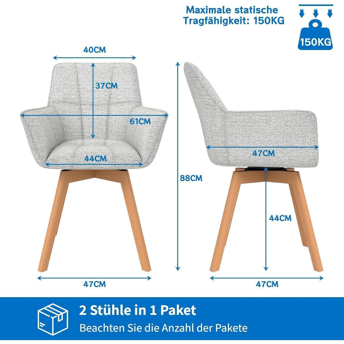 2er Set Esszimmerstühle drehbar, Samt, Hellgrau