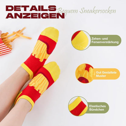 Lustige Sneaker Socken Damen – 8er Pack Baumwolle, Food-Muster 31-42