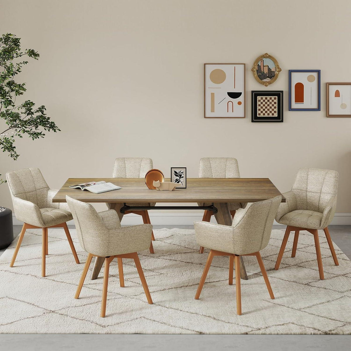 6er Set Drehstühle Samt, Esszimmerstuhl mit Armlehnen & Holzbeinen