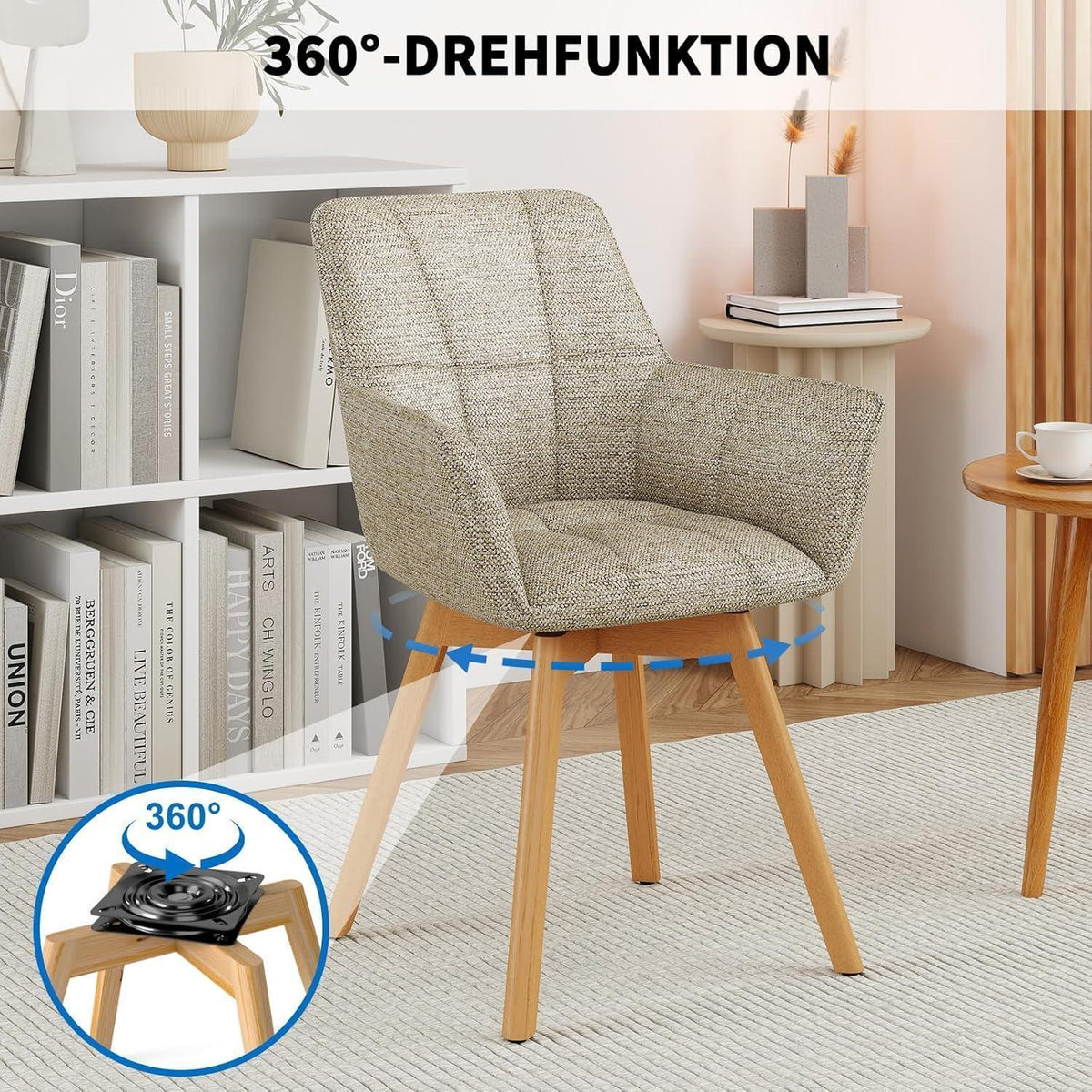 6er Set Drehstühle Samt, Esszimmerstuhl mit Armlehnen & Holzbeinen