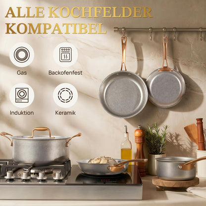 7-teiliges Edelstahl Pfannenset Retro Induktion mit Deckel