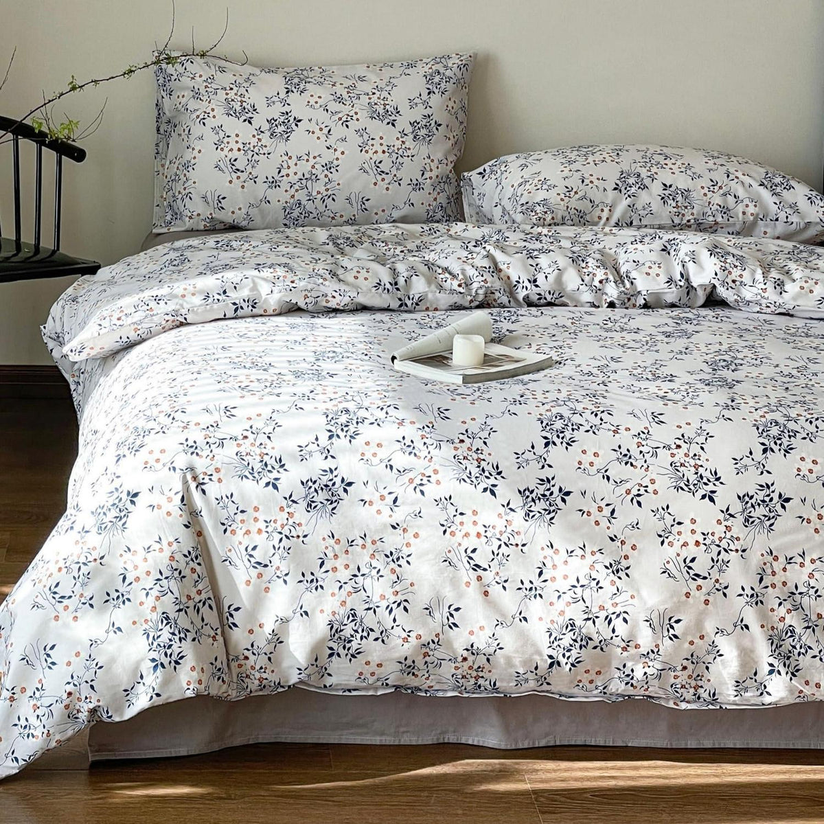 Blumen Bettwäsche Set 135x200 cm Baumwolle Weiß Blau 4tlg.