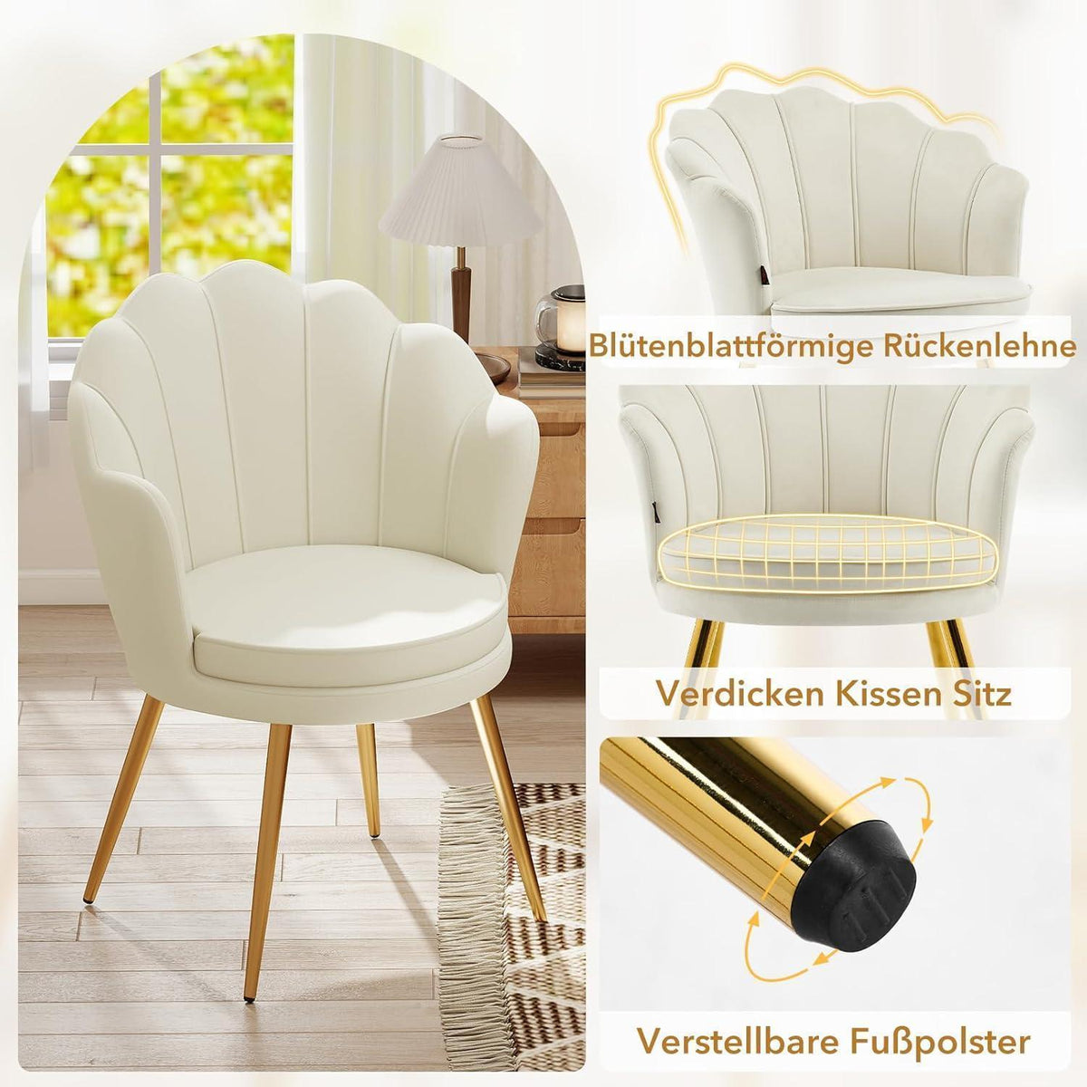 Samt Esszimmerstühle 2er Set mit Blütenblatt-Rückenlehne
