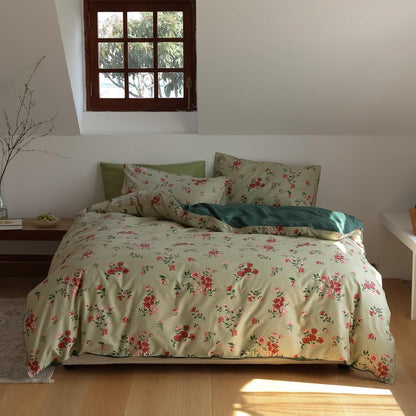 Blumen Bettwäsche Set 135x200 cm Grün Rot 4tlg. Baumwolle