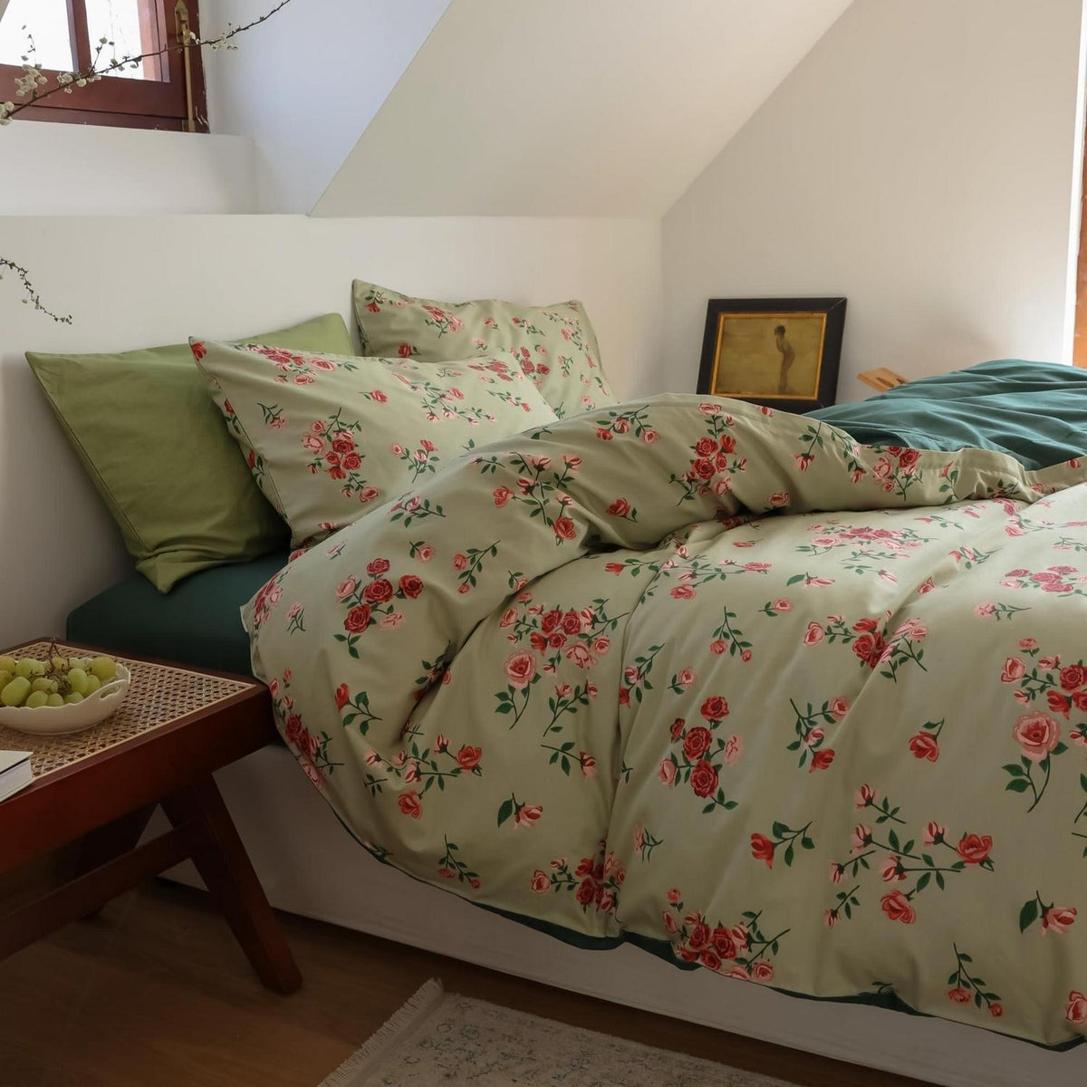 Blumen Bettwäsche Set 135x200 cm Grün Rot 4tlg. Baumwolle