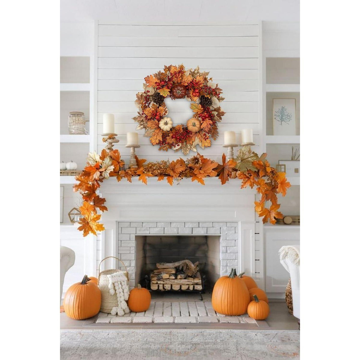 Herbstkranz 55cm mit Kürbissen und Laub, sofort dekorierbar