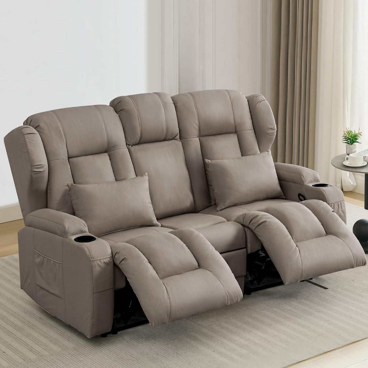 2er Relaxsessel mit Liegefunktion & Konsole – Khaki