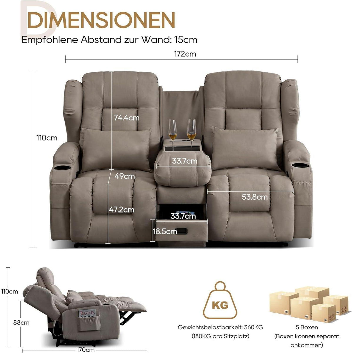 2er Relaxsessel mit Liegefunktion & Konsole – Khaki