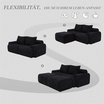 Modulares Cord Sofa 2-Sitzer mit Hockern & Stauraum