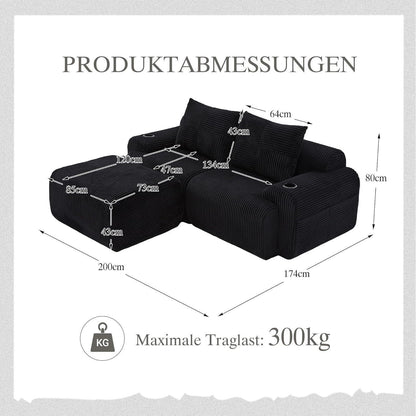 Modulares Cord Sofa 2-Sitzer mit Hocker & Stauraum Schwarz