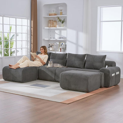 4-Sitzer Cord Sofa mit Hockern | Modular, Getränkehalter & Stauraum