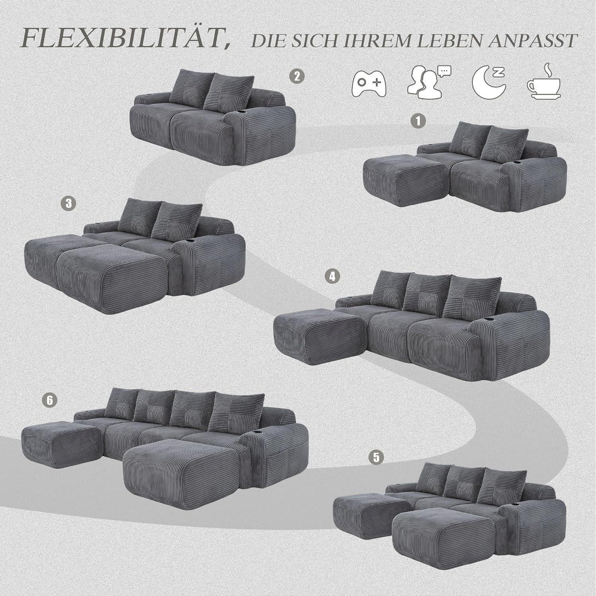 4-Sitzer Cord Sofa mit Hockern | Modular, Getränkehalter & Stauraum
