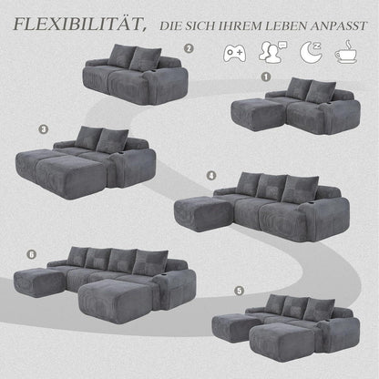 4-Sitzer Cord Sofa mit Hockern | Modular, Getränkehalter & Stauraum