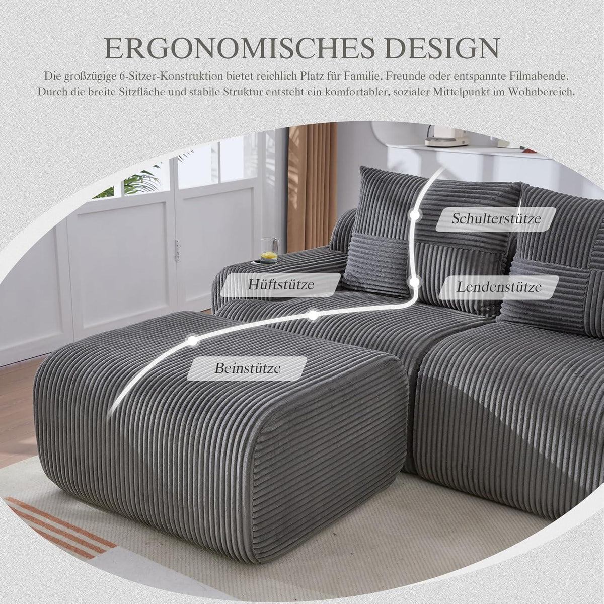 4-Sitzer Cord Sofa mit Hockern | Modular, Getränkehalter & Stauraum