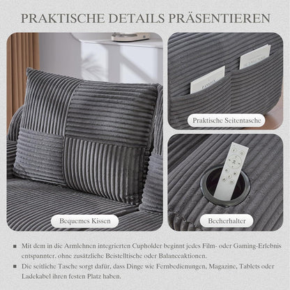 4-Sitzer Cord Sofa mit Hockern | Modular, Getränkehalter & Stauraum