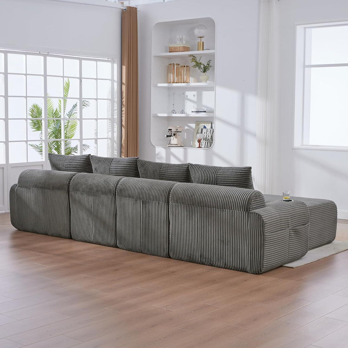 4-Sitzer Cord Sofa mit Hockern | Modular, Getränkehalter & Stauraum