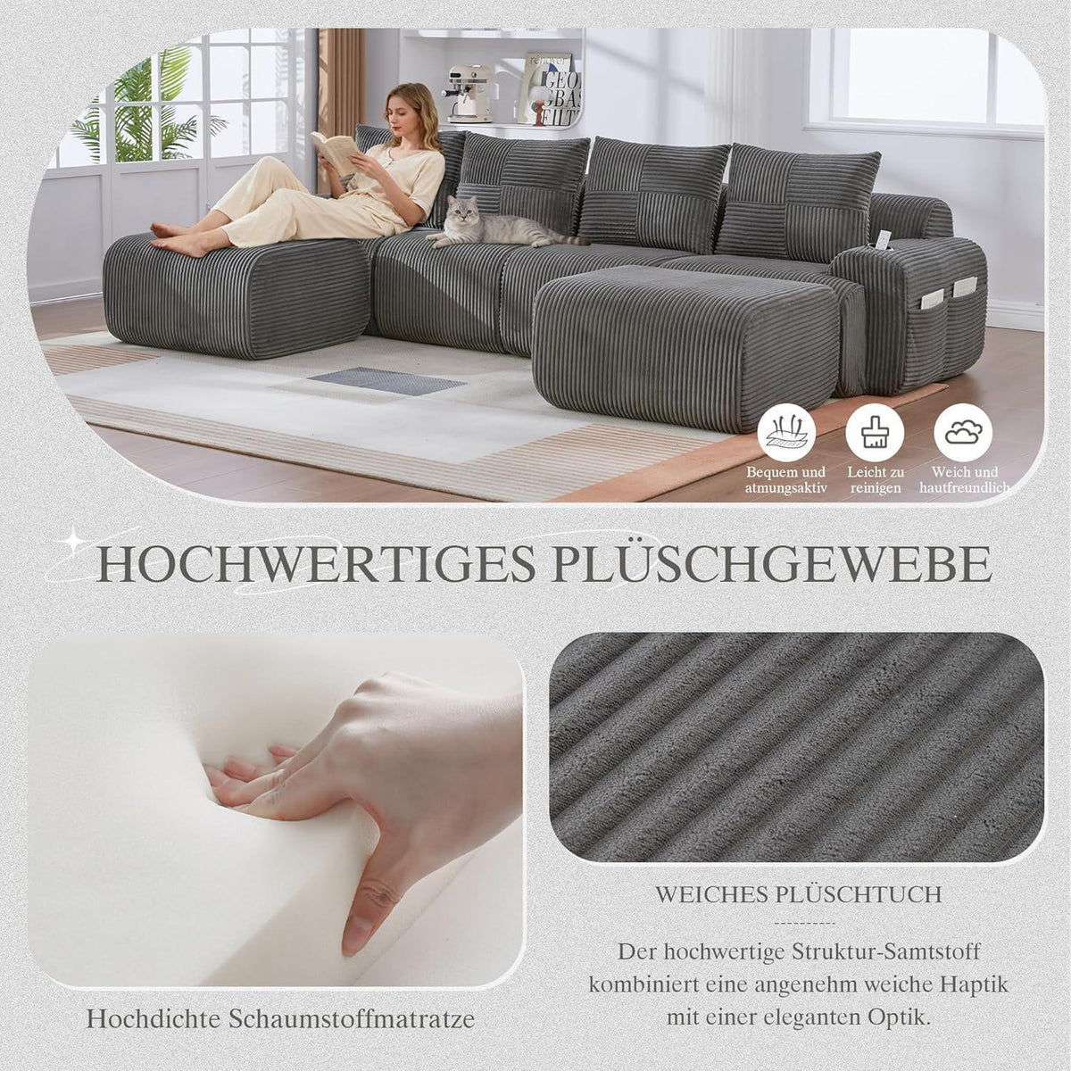 4-Sitzer Cord Sofa mit Hockern | Modular, Getränkehalter & Stauraum