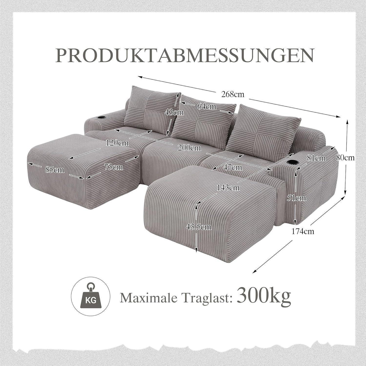 Modulares Cord Sofa 3-Sitzer mit Hockern & Stauraum