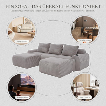 Modulares Cord Sofa 3-Sitzer mit Hockern & Stauraum