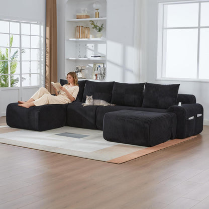 4-Sitzer Cord Sofa mit Hockern | Modular, Getränkehalter & Stauraum