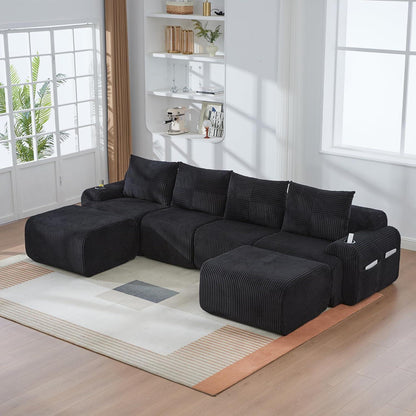 4-Sitzer Cord Sofa mit Hockern | Modular, Getränkehalter & Stauraum