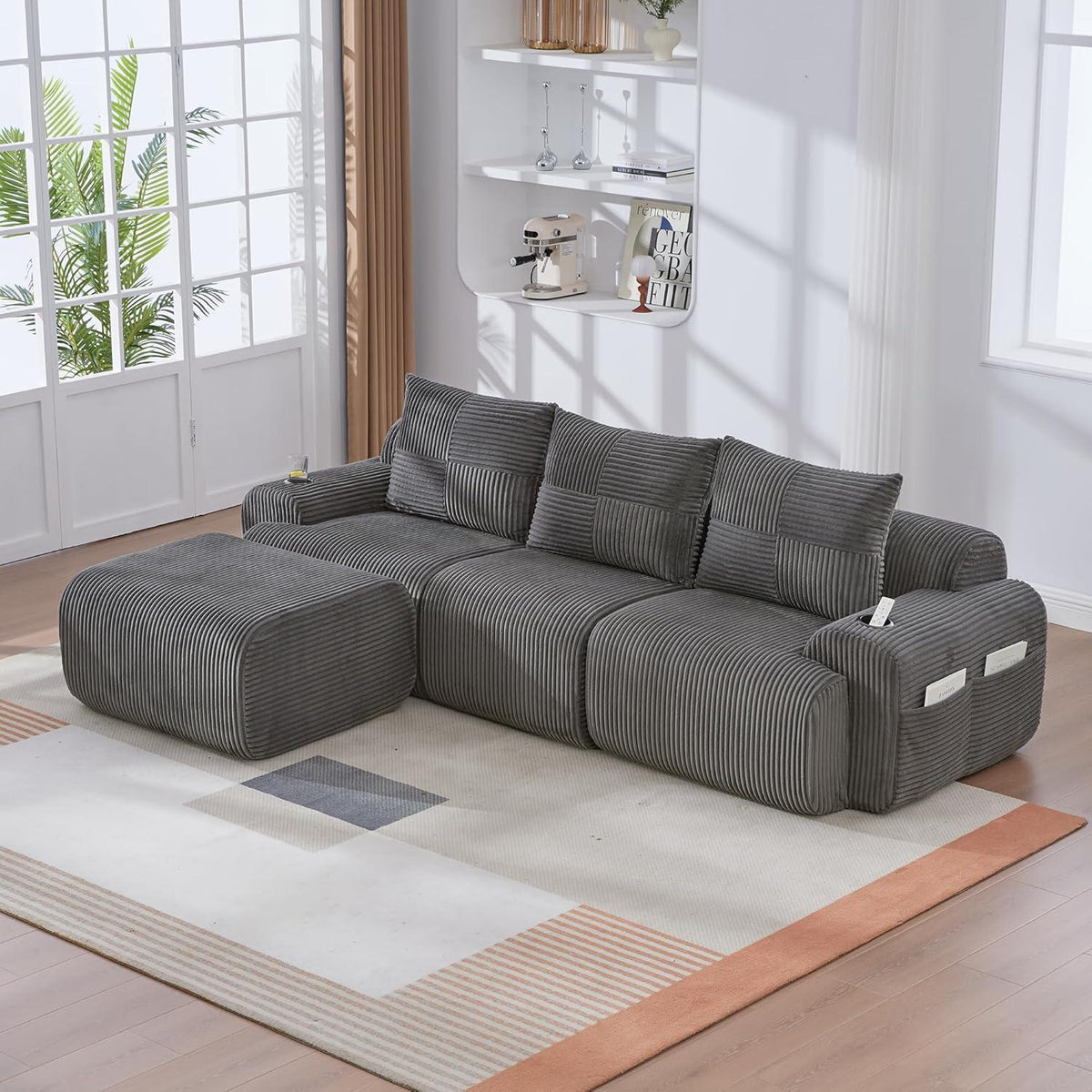 Modulares Cord Sofa 3-Sitzer mit Hocker & Stauraum
