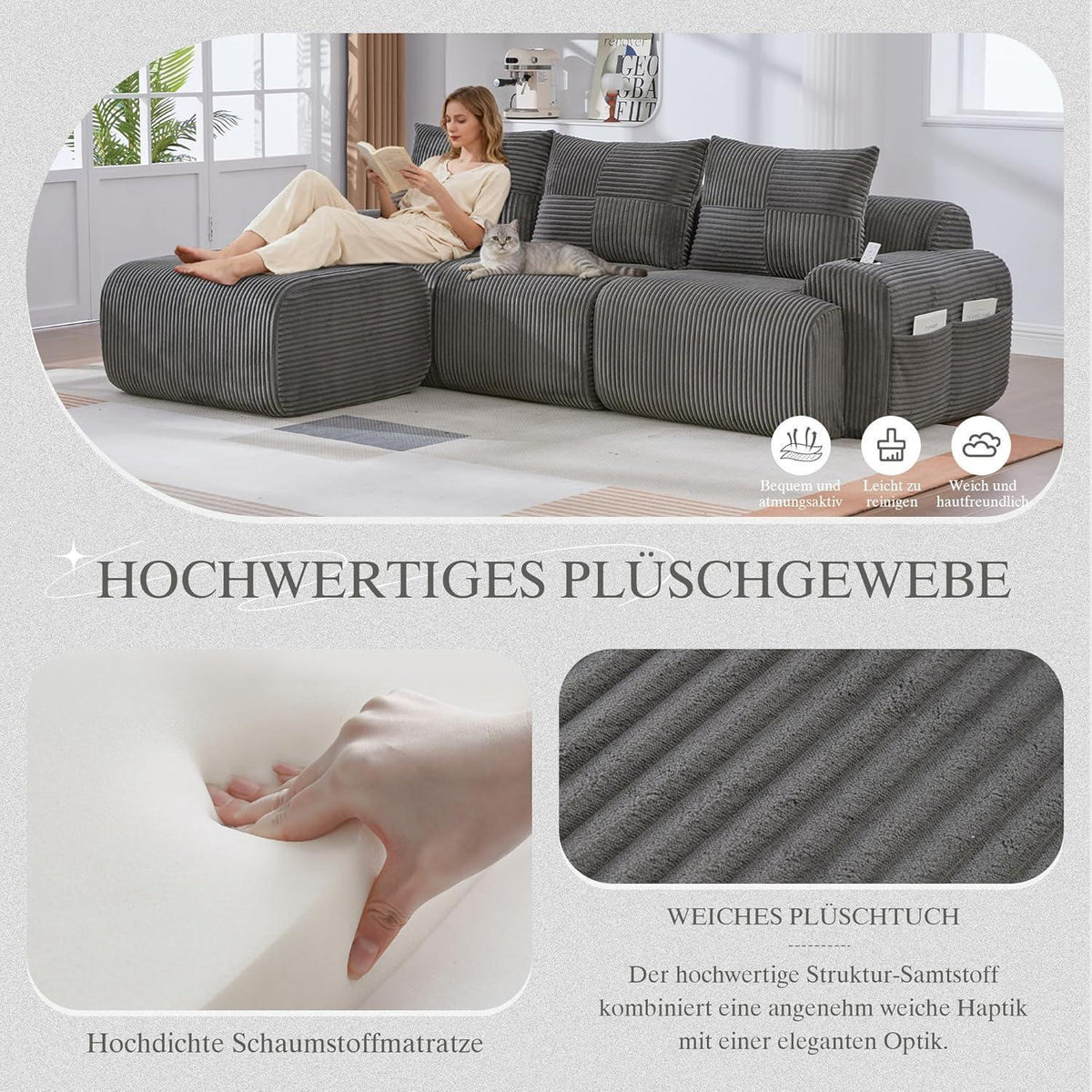Modulares Cord Sofa 3-Sitzer mit Hocker & Stauraum