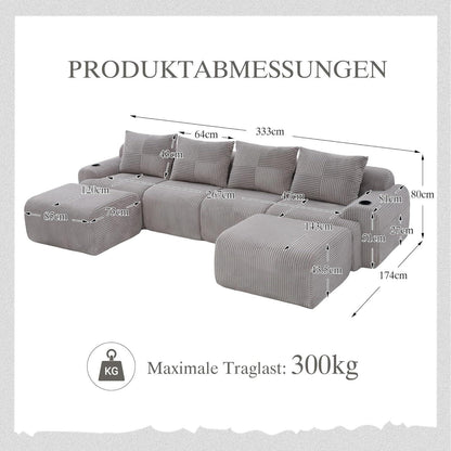 4-Sitzer Cord Sofa mit Hockern | Modular, Getränkehalter & Stauraum