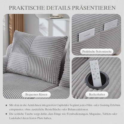 4-Sitzer Cord Sofa mit Hockern | Modular, Getränkehalter & Stauraum