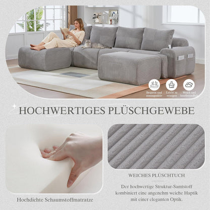 4-Sitzer Cord Sofa mit Hockern | Modular, Getränkehalter & Stauraum