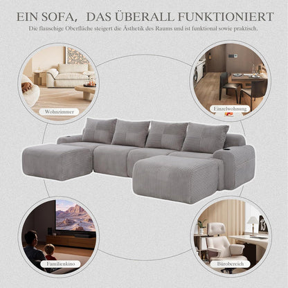 4-Sitzer Cord Sofa mit Hockern | Modular, Getränkehalter & Stauraum
