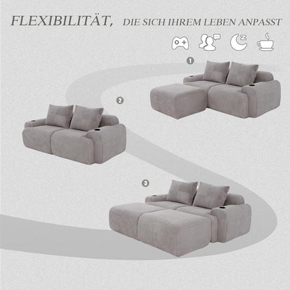 Cord Sofa 2-Sitzer mit Hockern | Modular, Getränkehalter & Stauraum